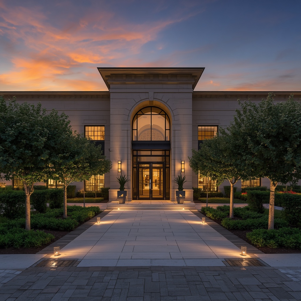 Scenic grand entrance of a modern building with landscaped gardens and warm ambient lighting at sunset